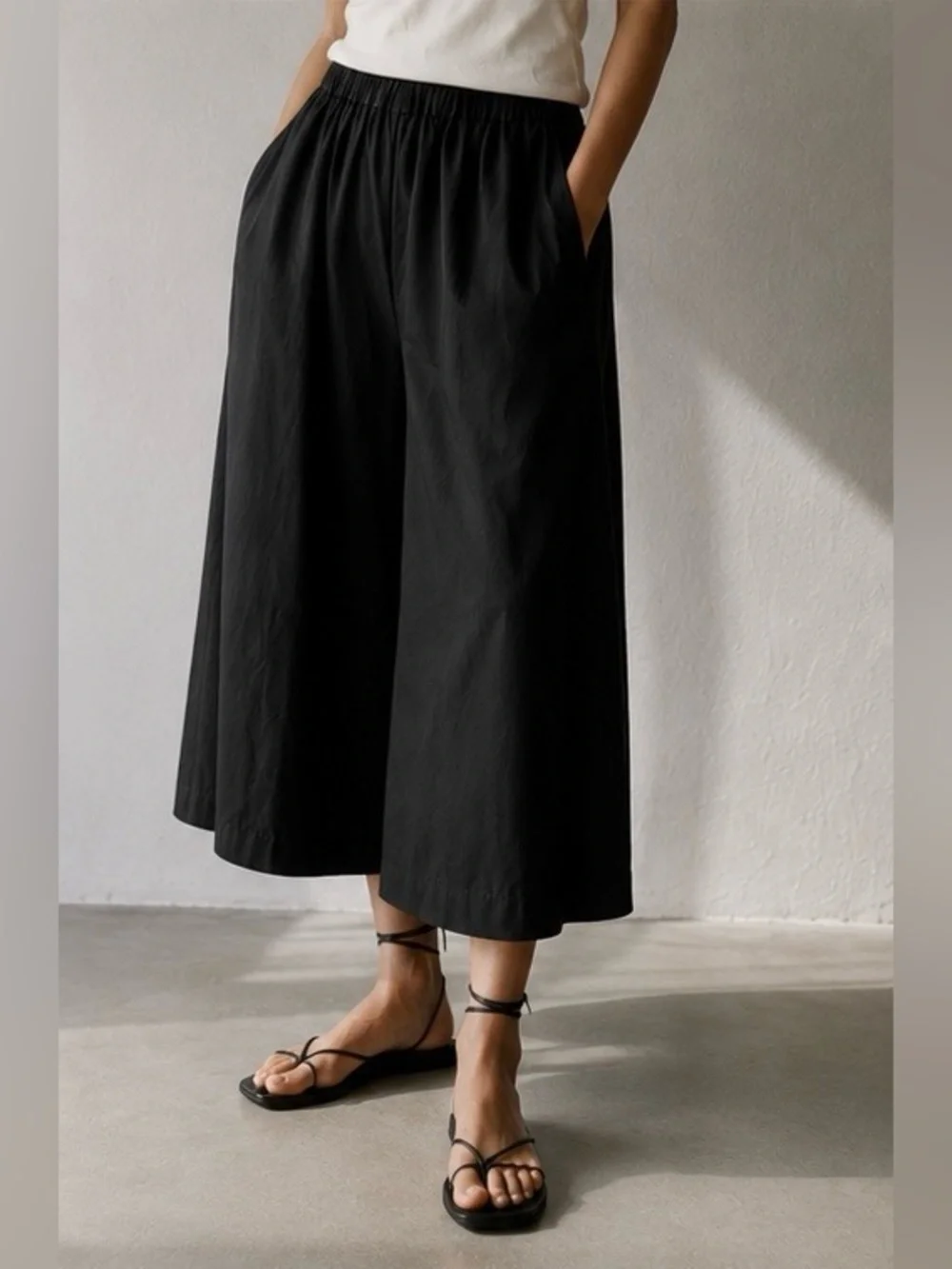 ZARA Cotton Poplin Wide-Leg Cropped Pull-On Culotte Pants in Black S NWT - Picture 4 of 9